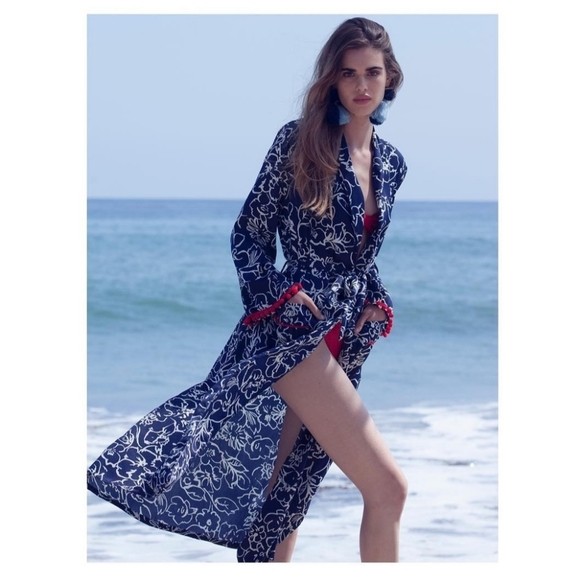 MISA Los Angeles Malini Floral Print Kimono Duster Robe Navy